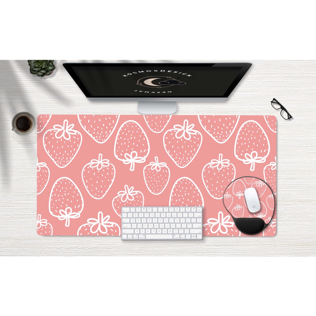 Pink Strawberry Desk Mat, Pink Desk Mat, Kawaii Desk Mat, Pink Cute