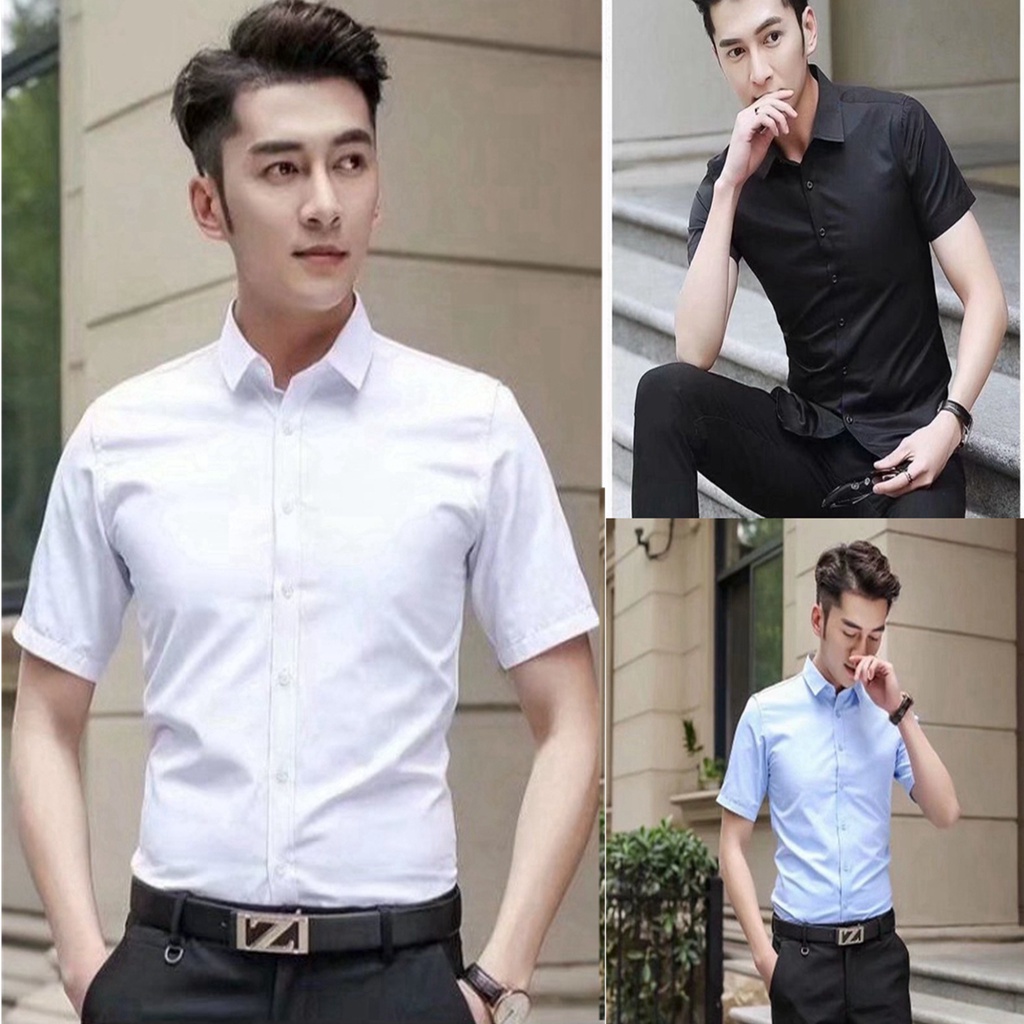 White Plain Polo Shirt Korean Short Sleeve for Men Suit Shirt | Shopee ...