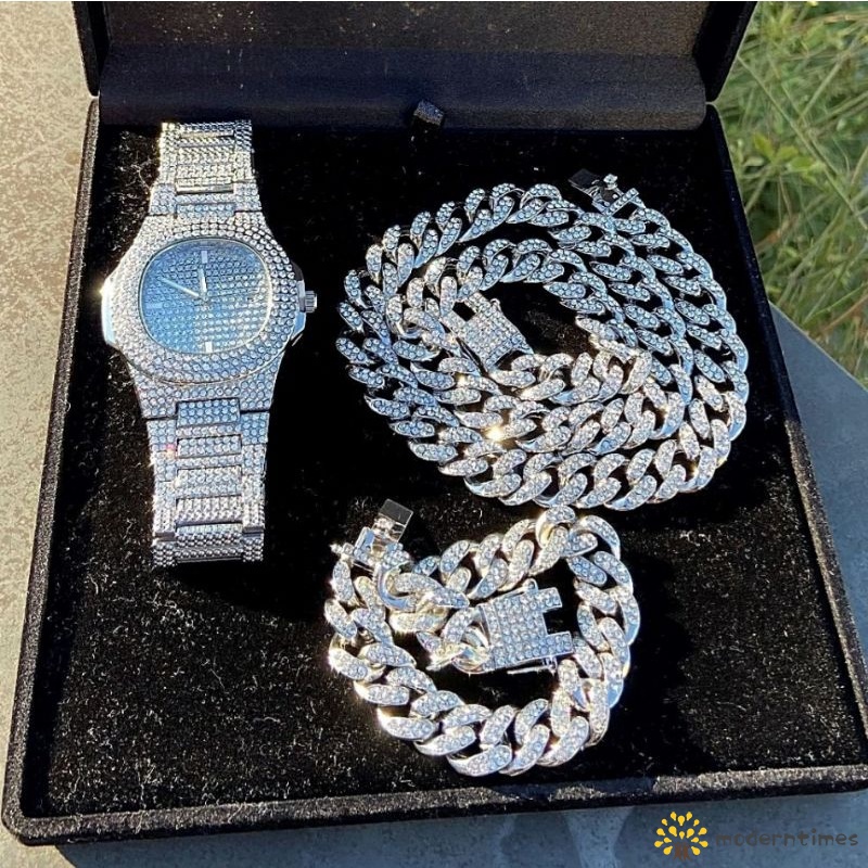 Necklace+Watch+Bracelet Hip Hop Miami Cuban Chain Iced Out Paved ...