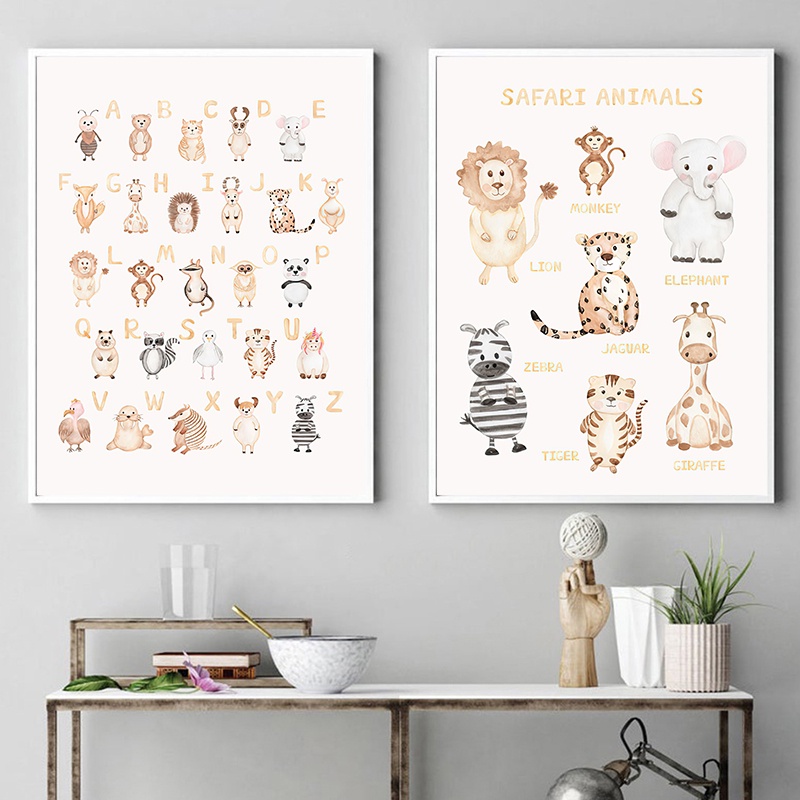 Canvas Painting Safari Animals Nursery Posters ABC Alphabet Wall Art ...
