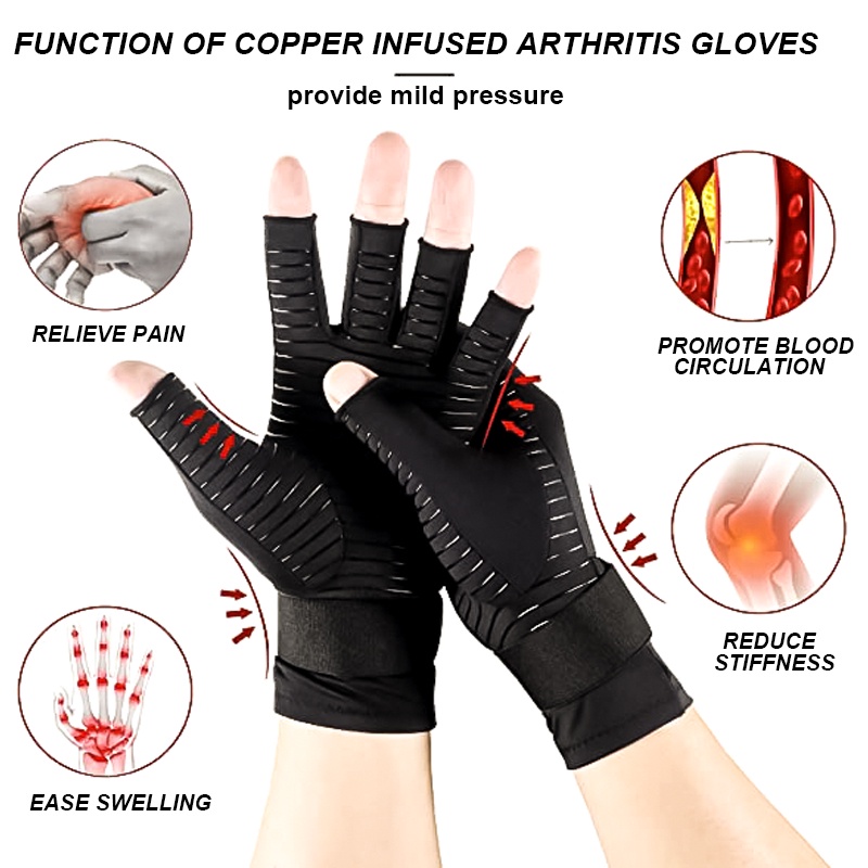 Copper Compression Arthritis Gloves with Strap Open Finger Glove Joint ...