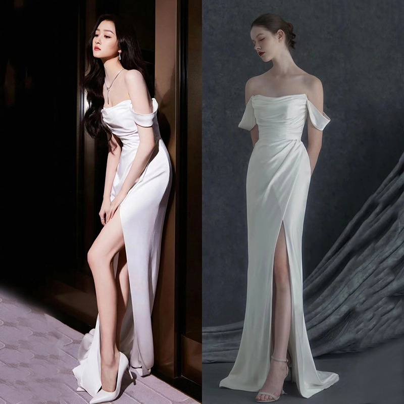 Simple wedding dress New French satin bride seaside lawn wedding honeymoon trip banquet concert performance catwalk fashion long white dress Shopee Philippines