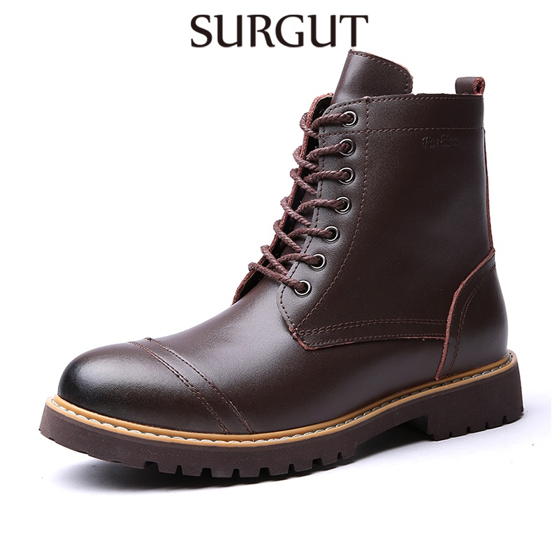 SURGUT Men High Top Boots Genuine Leather Waterproof Lace Up Ankle