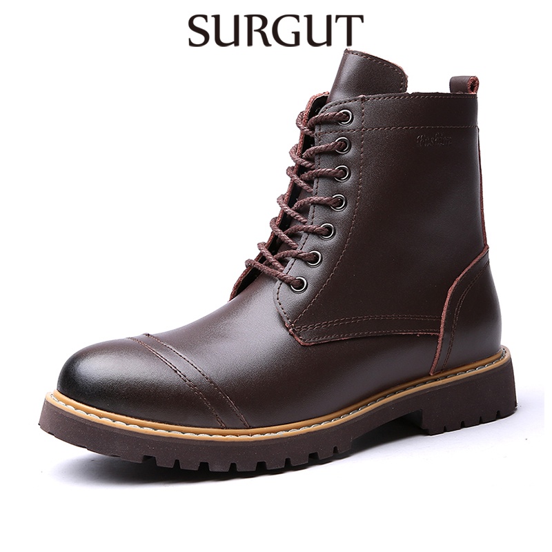 SURGUT Men High Top Boots Genuine Leather Waterproof Lace Up Ankle ...