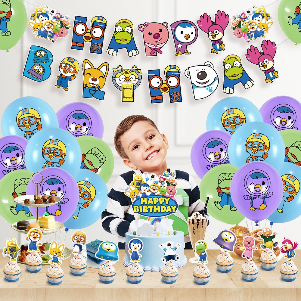 Set De Décoration Anniversaire Pororo The Little Penguin - Assiettes, Ballons, Banderole, Etc.