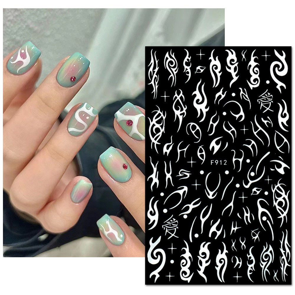 HAHA Y2k 3D Flame Nail Sticker White Black Silver Holographic Metallic ...