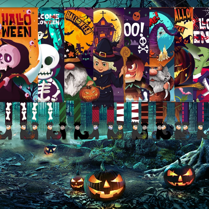 1Pc Halloween Door Hanging Flags Dwarf Pumpkin Skull Pattern Flag Ghost ...