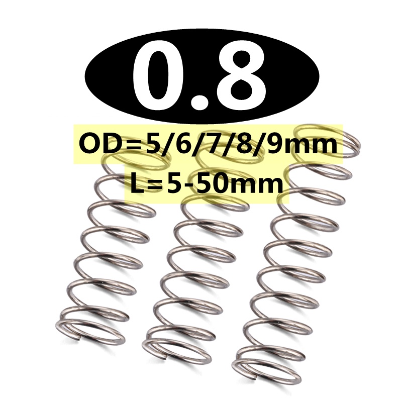 10-Piece 304 Stainless Steel Compression Spring Set - Wire Dia 0.8mm/1.0mm, OD 5mm-16mm, Length 10-50mm