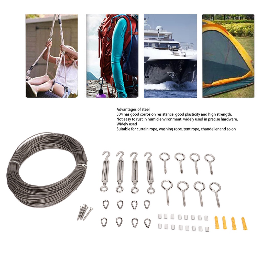 304 Stainless Steel Wire Rope Set With Hook Ring Screws Garden Cable ...