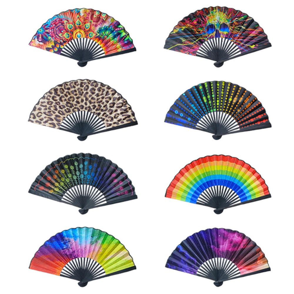 23cm Rainbow Folding Fan Hand Fans Print Ringing Bamboo Bone Fan Single