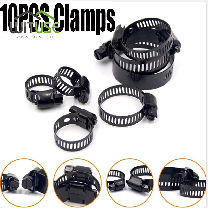 10pcs Stainless Steel Adjustable 638mm Range Worm Gear Black Hose