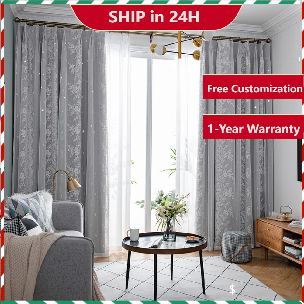 Grey Hollow Star Curtains Luxury Tulle Overlay Blackout Curtains Noise