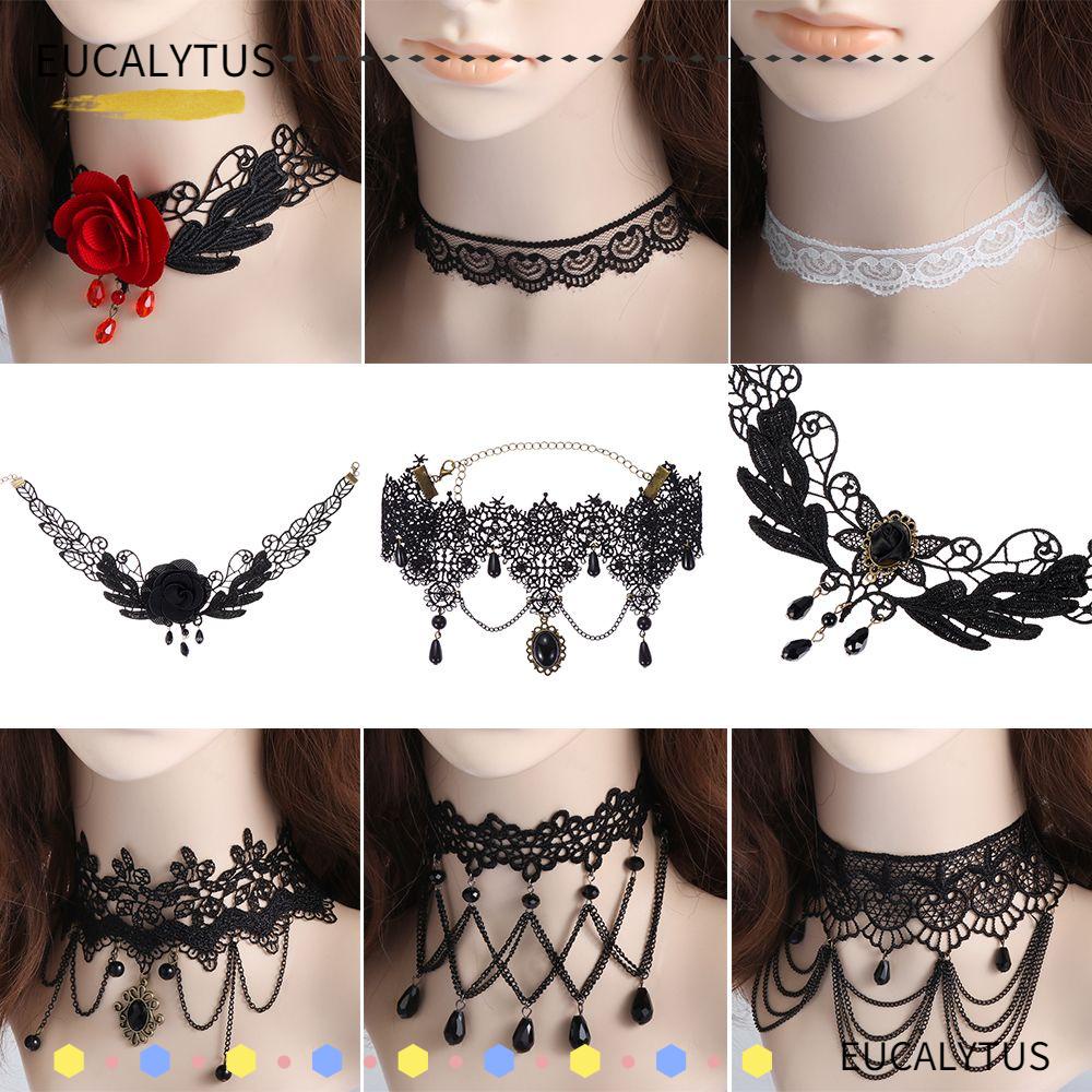 Eutus Sexy Gothic Necklace Luxury Gemstone Pendant Black Lace Steampunk Style Neck Chain Boho