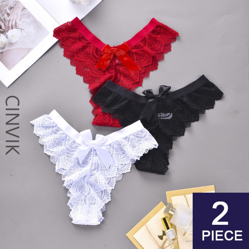 2pcs Panties Women Bow Lace Underwear Solid Color Sexy Underpants