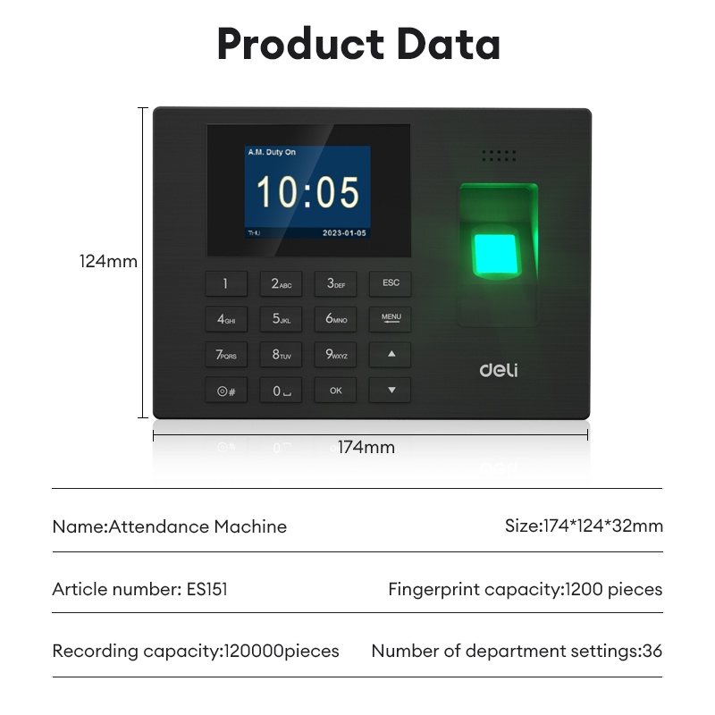 Deli ES151 Biometrics Fingerprint Scanner 2.4'TFT Screen Face ...