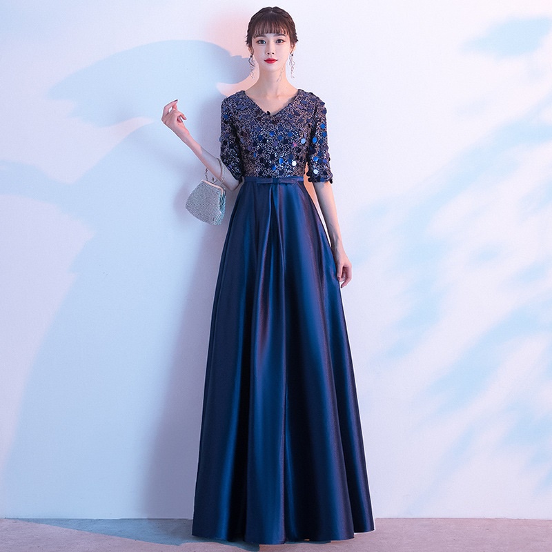 Elegant Golden/Champagne/Silver Grey/Navy Blue/Red Sequins Banquet Evening  Dress Mid Sleeve V Neck Choir Performance Dresses Annual Dinner/Wedding  Party Gown | Shopee Philippines
