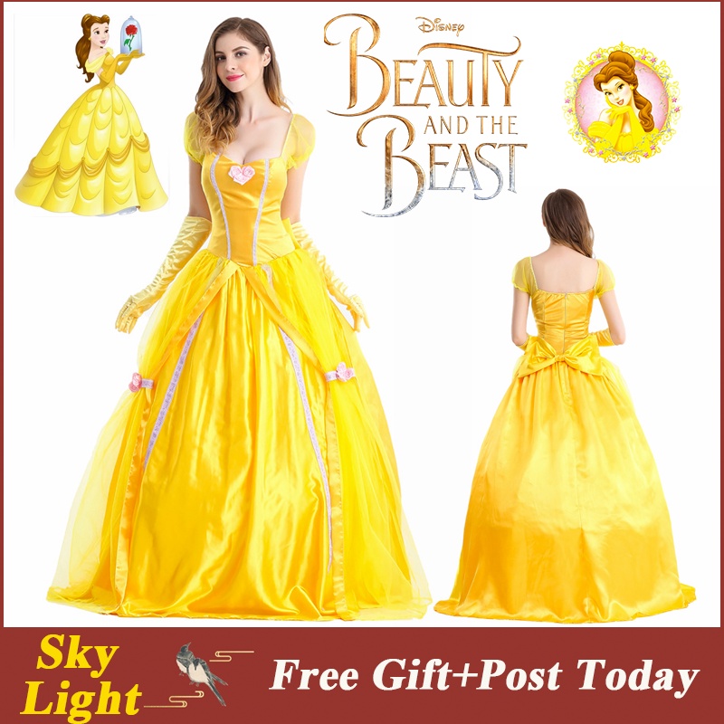 Beauty And Beast Belle Cosplay Disney Princess Dress For Adult Women Yellow  Party Ball Gown Halloween Costume Woman Clothes