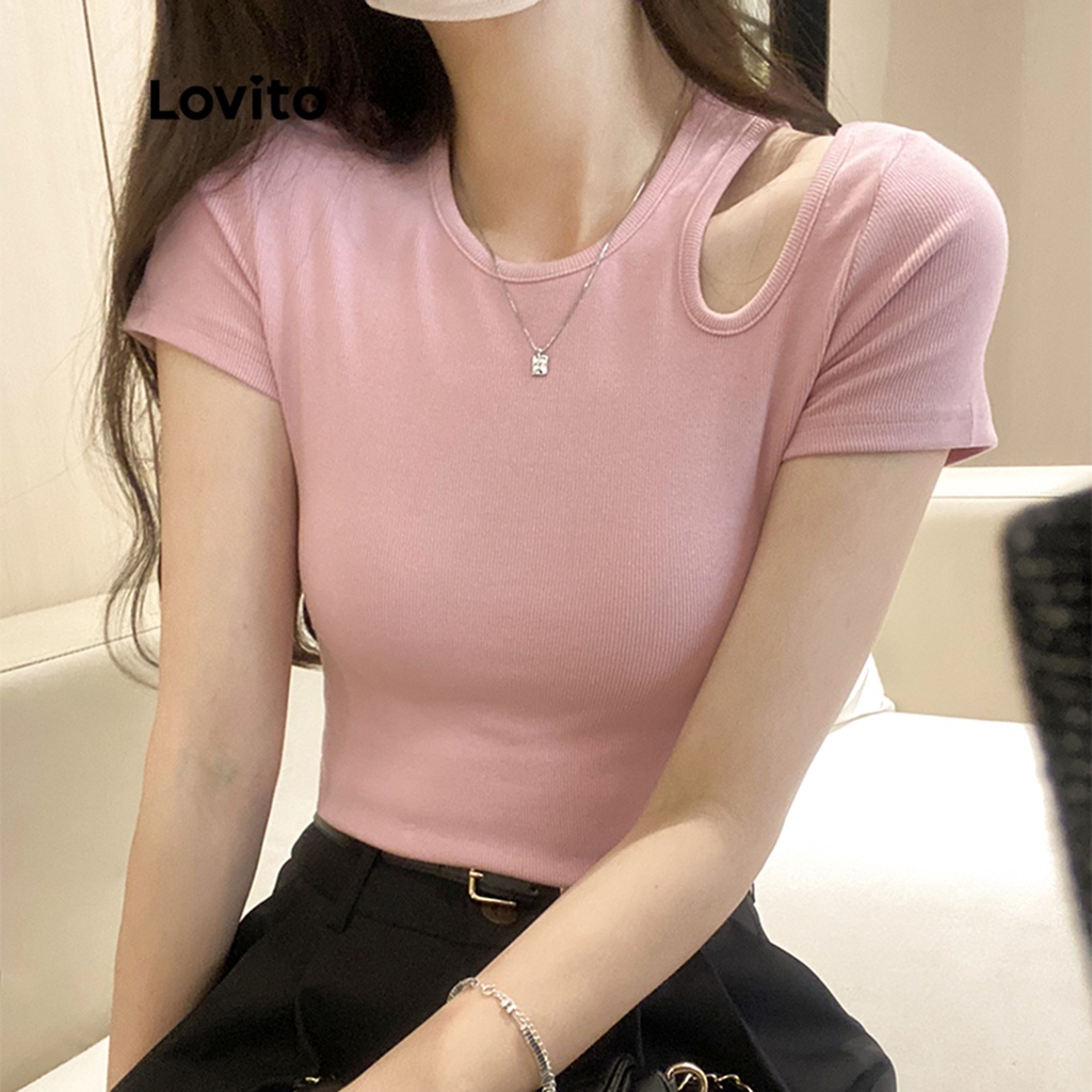 Lovito Casual Plain Cut Out TShirt for Women LNE10088 (Pink) Shopee