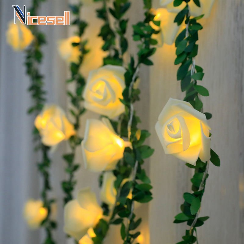 1.5/3M Led Rose Flower Rattan String Lights Simulation Green Leaf Light ...
