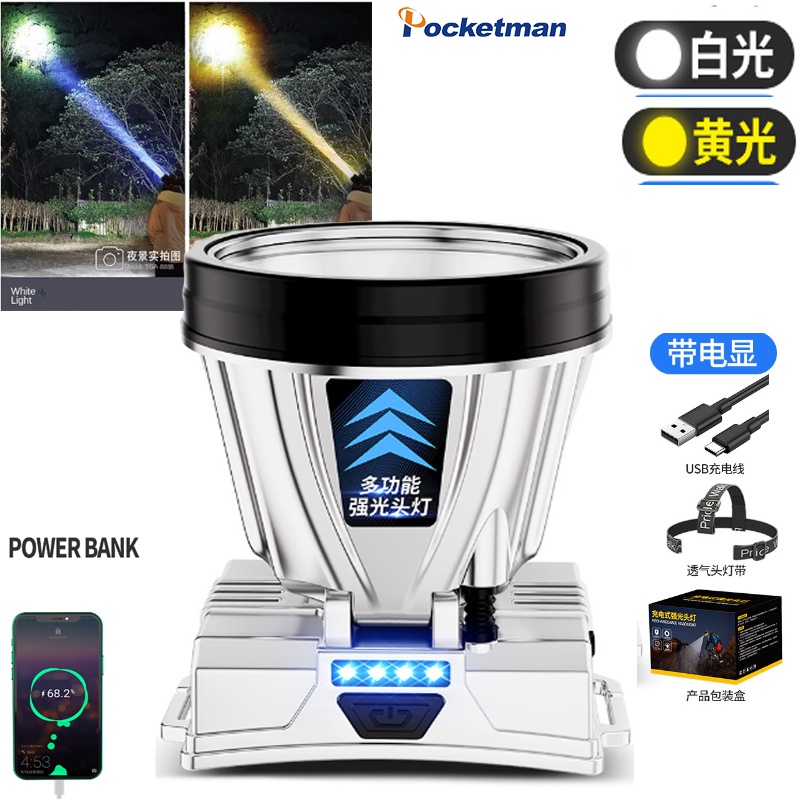Super Bright Yellow/White Light Led Headlamp Long-Range Rechargeable ...