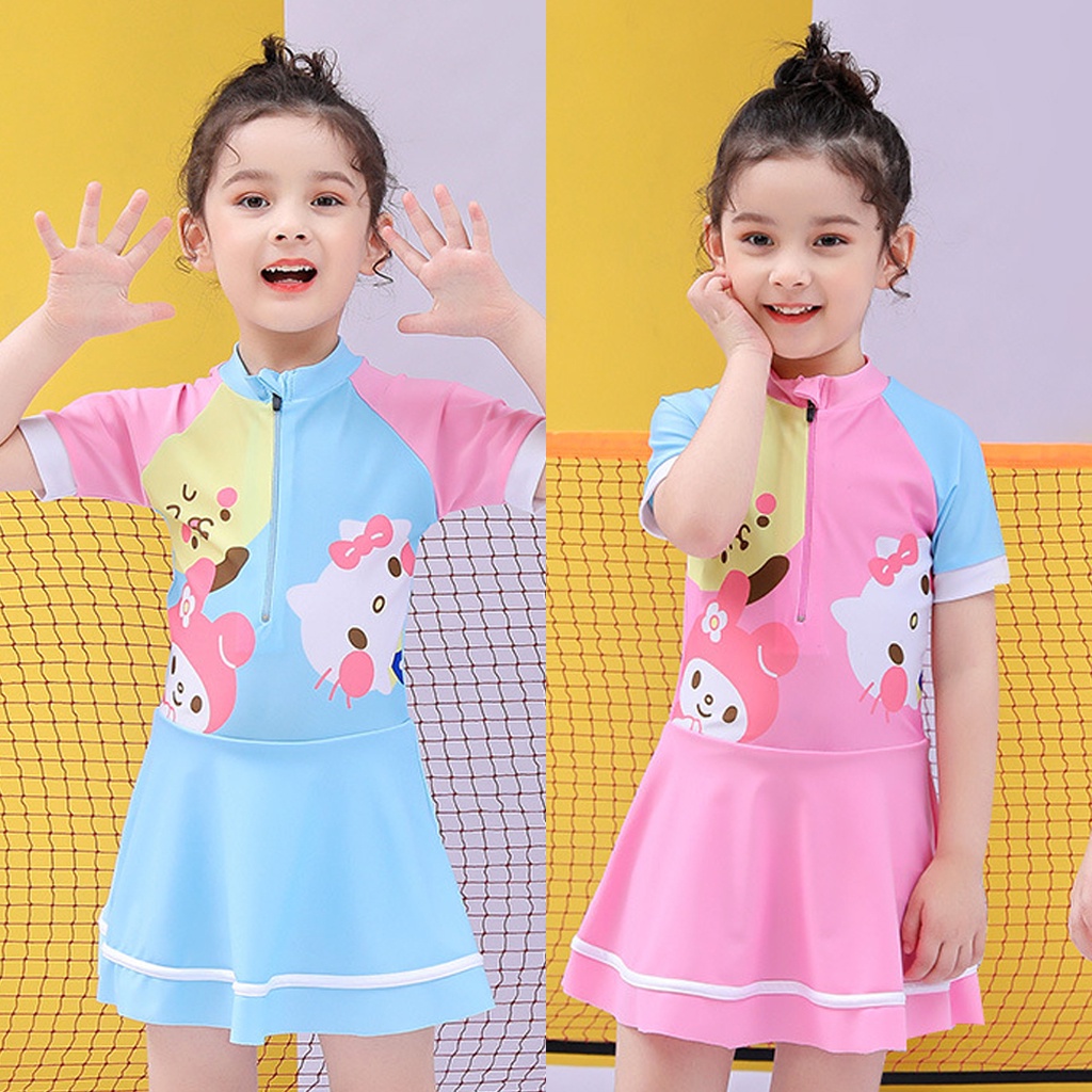 Hello Kitty Kids Girls One Piece Swimwear Dress Short Sleeve Cartoon