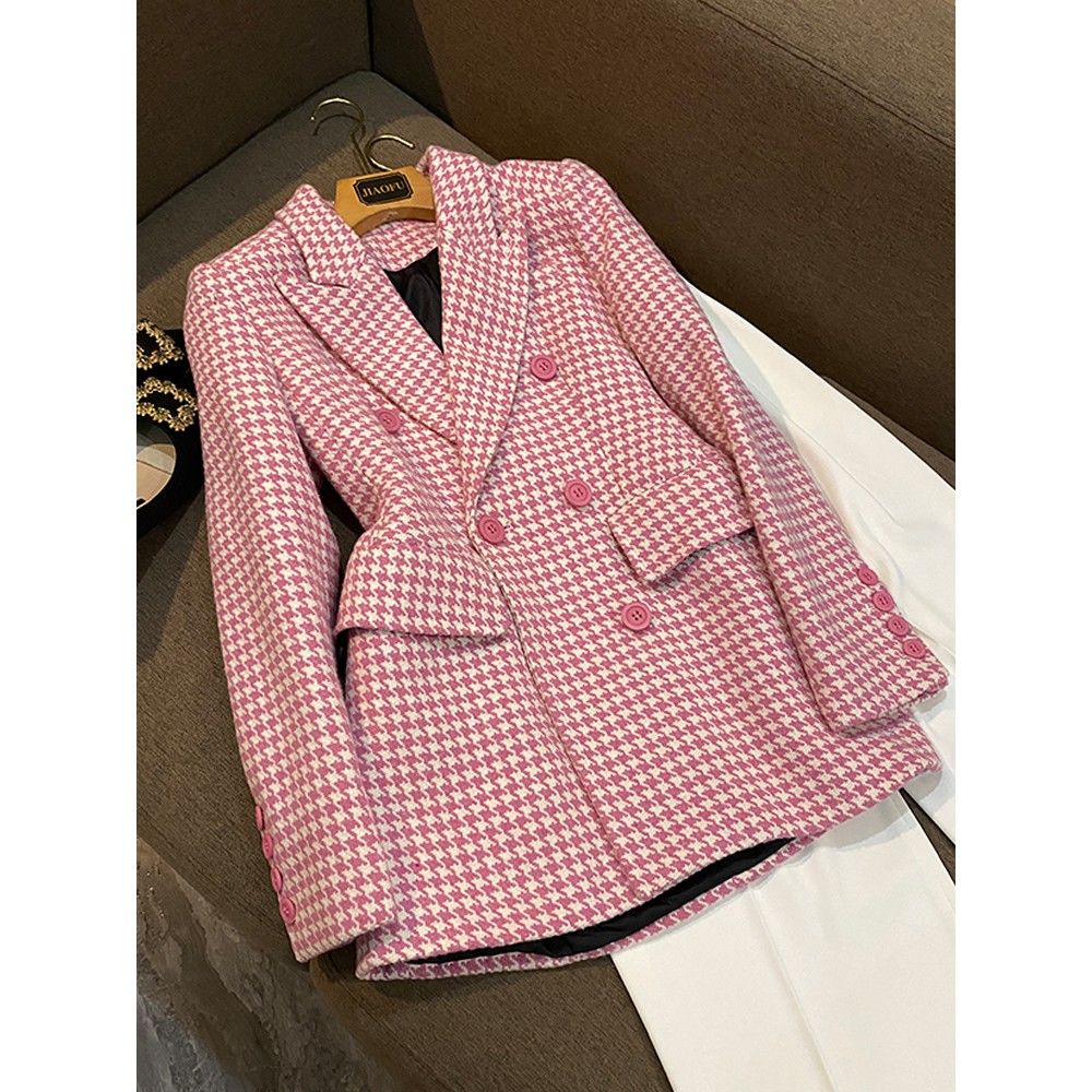 SlimFit Fashion Plaid Pink Houndstooth Woolen Coat MidLength Jacket Shopee Philippines