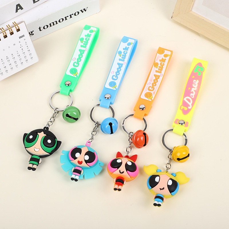 The Powerpuff Girls Cartoon Doll Silicone Bell Keychain Backpack Bag  Pendant