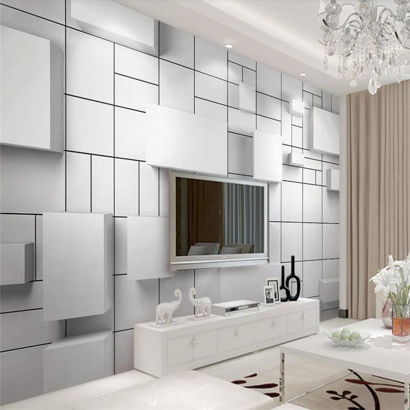 Custom 3d White Cube Geometric Brick Wall TV Wall Paper Large Mural