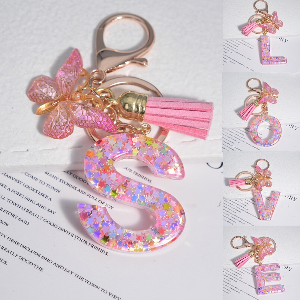 New Pink Resin A-Z Initials Letters Keychain Tassel Butterfly Pendant ...