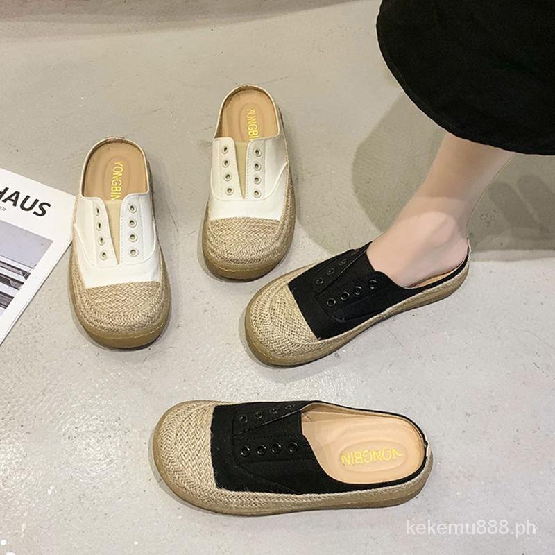 Korean Dongdaemun xiaoxiangfeng canvas shoes straw knitted fisherman shoes slip on loafer shoes bag head half slippers for women Shopee Philippines
