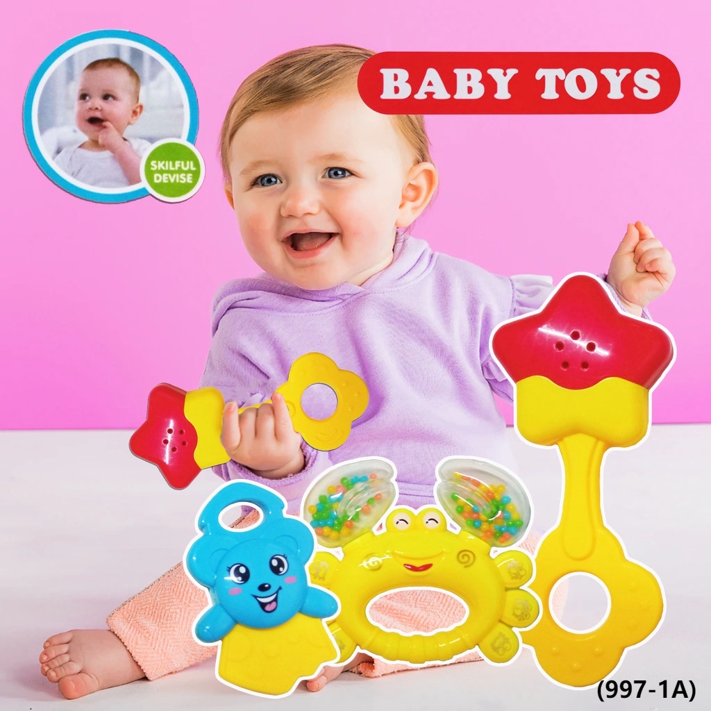 Baby Rattles Shaker 3 in 1 Hand Toys for Infant Plastic Handle Non