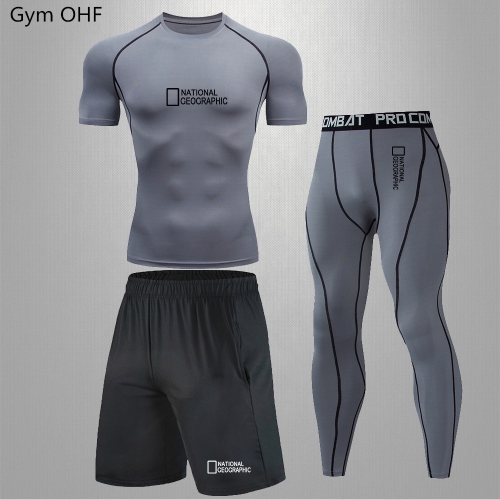 National Geographic Compression Running Suits Men Tracksuits Gym Jogging  Quick Dry Sportswear