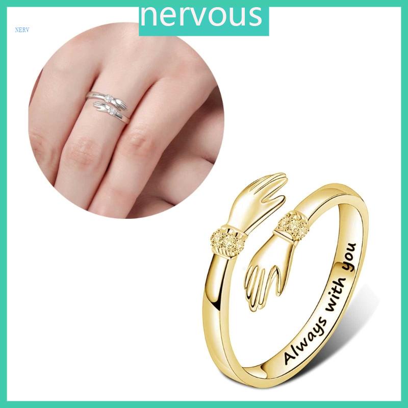 NERV Silver Hug Rings for Women Engraved-Words Hugging Hands Open Ring ...