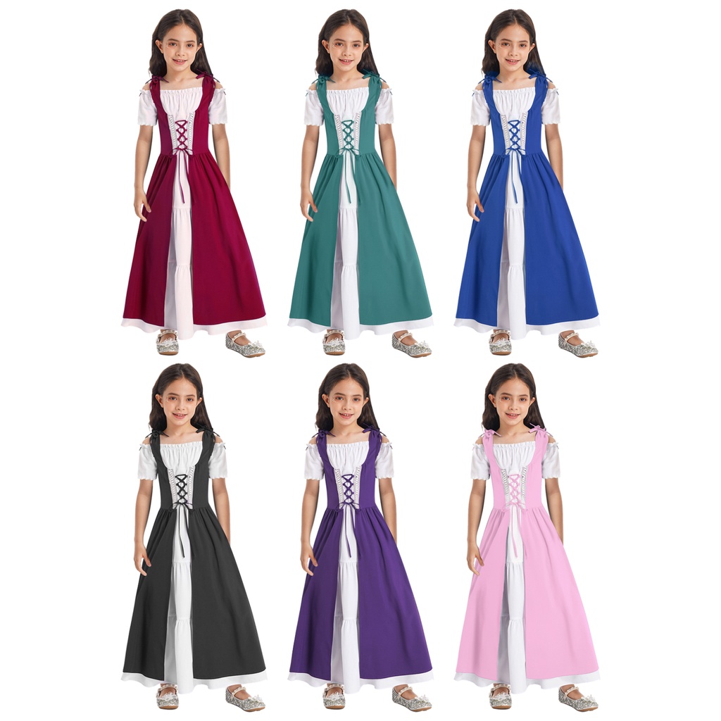 Kids Girls Medieval Renaissance Costume Square Neck Short Sleeve Lace up High Waist Ruffle Dress for Halloween Fancy Dress Party Cosplay Performance Shopee Philippines