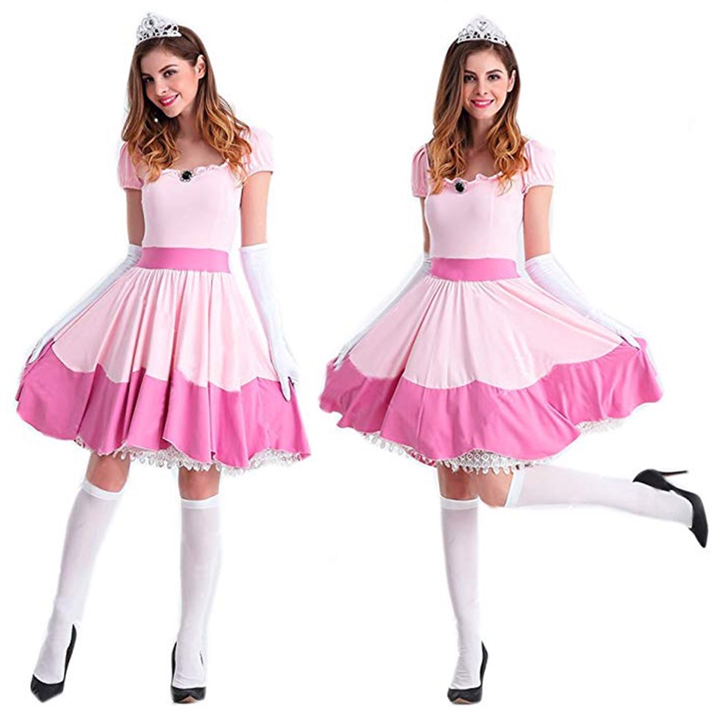 Pink Mario Super Princess Peach Fancy Halloween Adult Dress+Gloves+Crown  Costume | Shopee Philippines