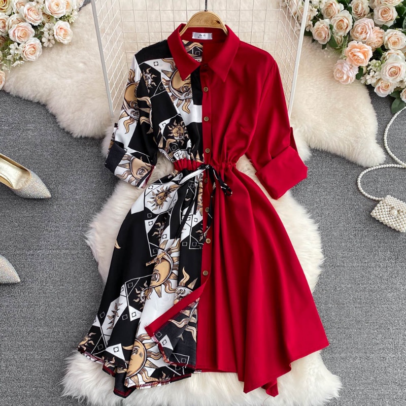 Women Korean Fashion Vintage Lapel Long Sleeve Single Breasted Dress