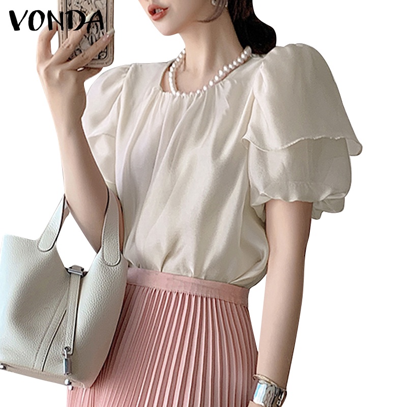 Vonda Women Korean Puff Sleeves Short Sleeves Round Neck Neckline