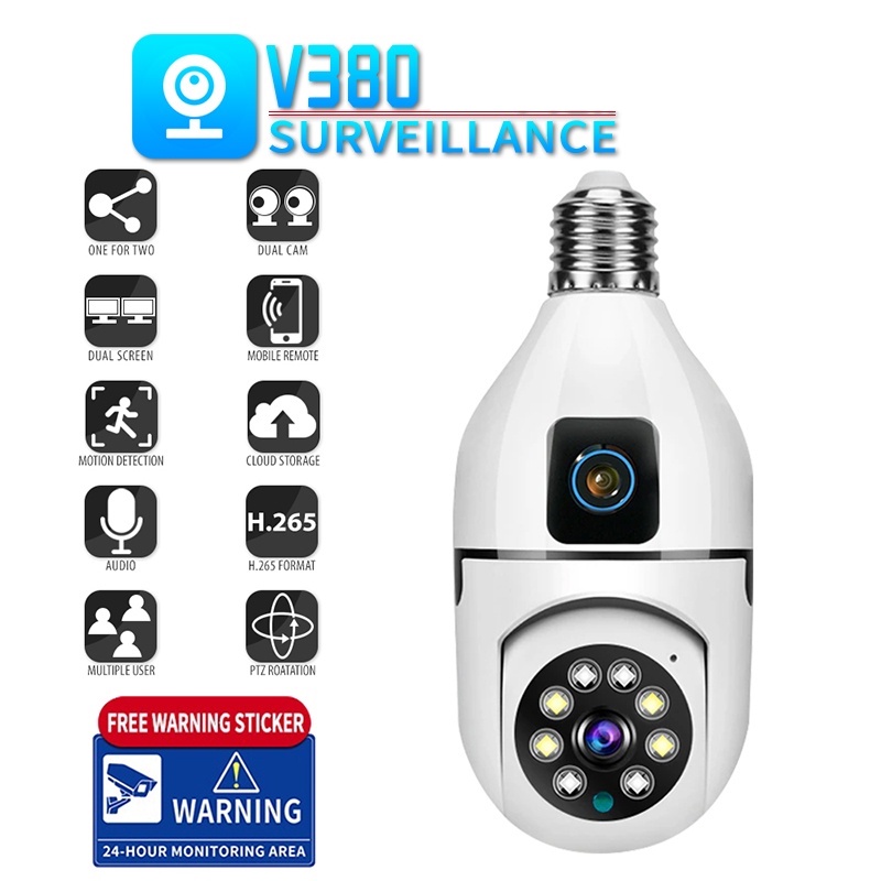 V380 Pro Dual Lens 2MP WIFI Bulb CCTV Camera Dual Screen Smart Home