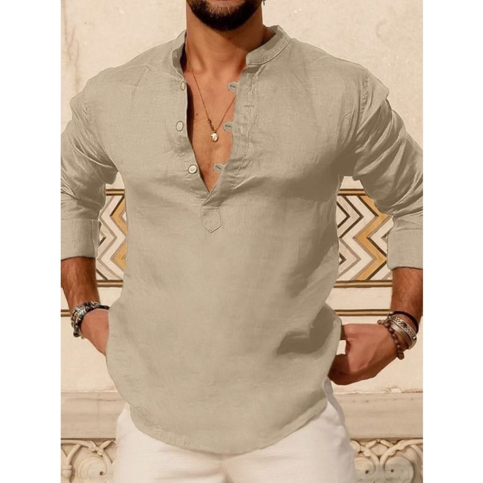 Casual Men Cotton Linen Henley Shirt Plus Size Men Shirt Long Sleeve ...