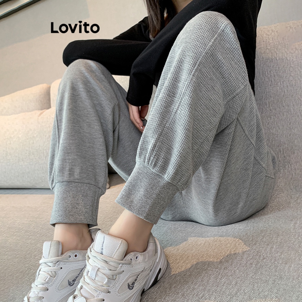 Lovito Women Drawstring Textured Material Pants LNA18034 (Grey