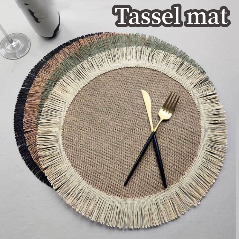 Handwoven Round Abaca Placemat with Fringes 38cm Round Table Mat