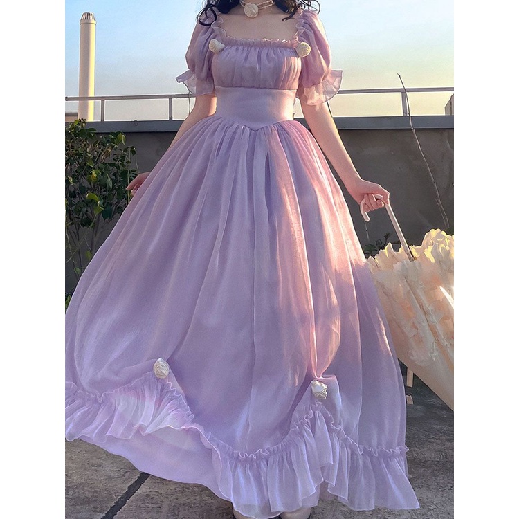 Women's French Vintage Style Purple Fluffy Sleeve Dress Fairy Dress