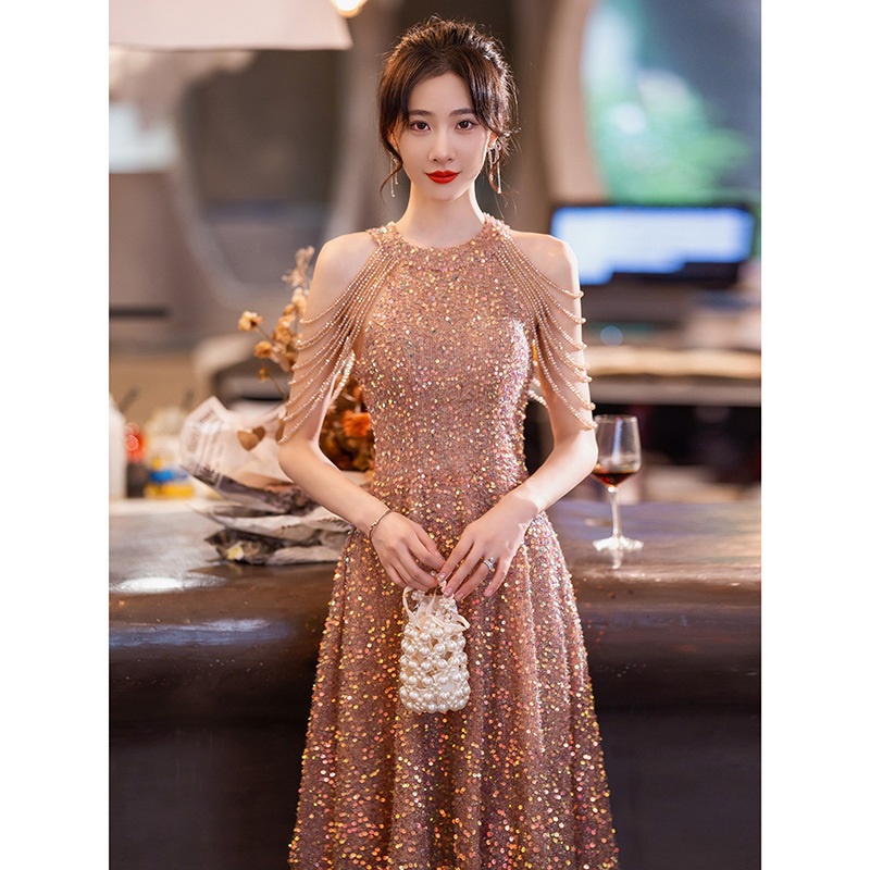 Golden Sequin Banquet Evening Dress Temperament Halter Neck Beads