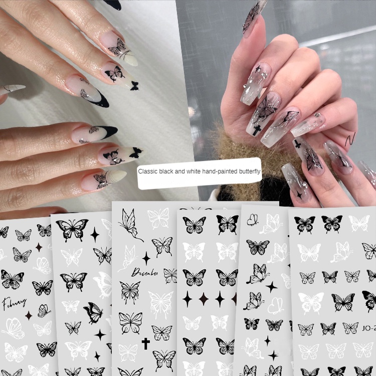 2023 Handpainted Dark Black and White Butterfly Nail Art Sticker