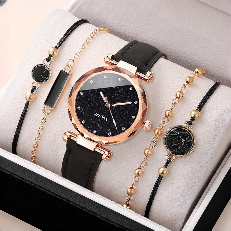 Women's Fashion Watch Bracelet Set Starry Sky Dial Leather Band Quartz ...