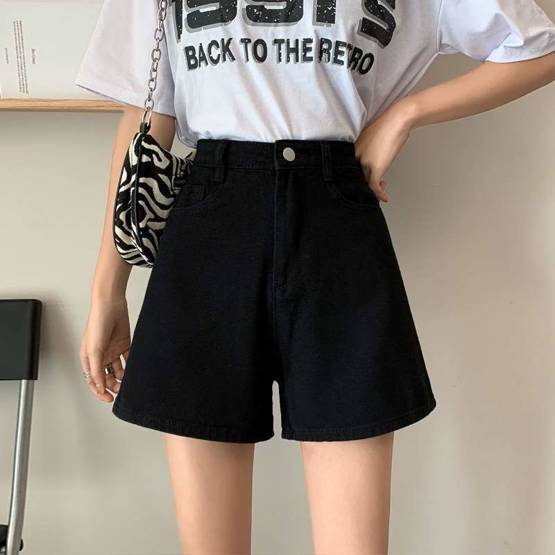 Korean Black Denim Shorts Women's Plain High Waisted A-line Loose Wide ...