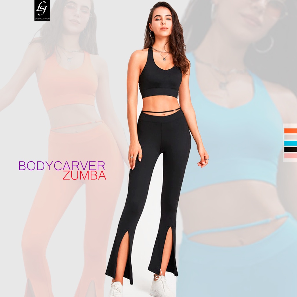BODYCARVER ZUMBA Sports Wear Set Women Flare Pants Build-in Bra Yoga ...