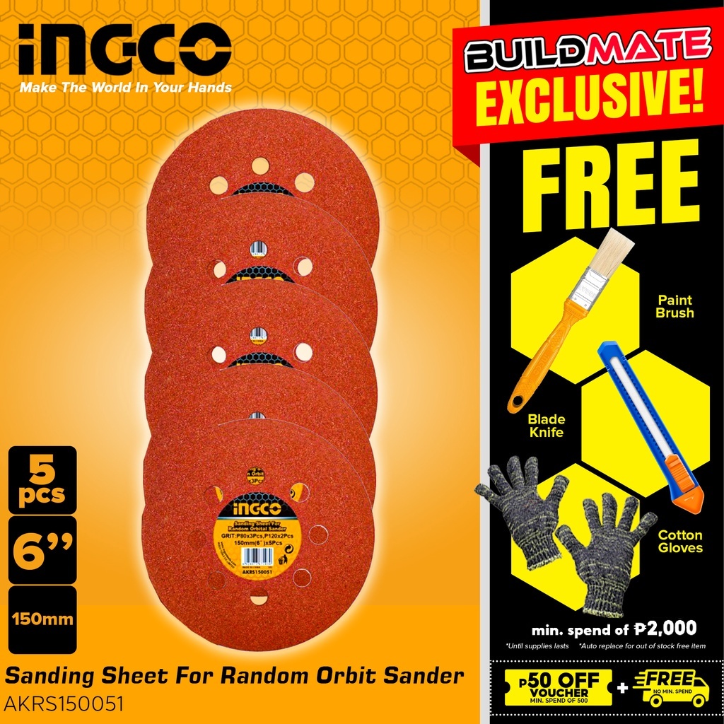 BUILDMATE Ingco Sanding Sheet Velcro for Random Orbit Sander 6" 5PCS