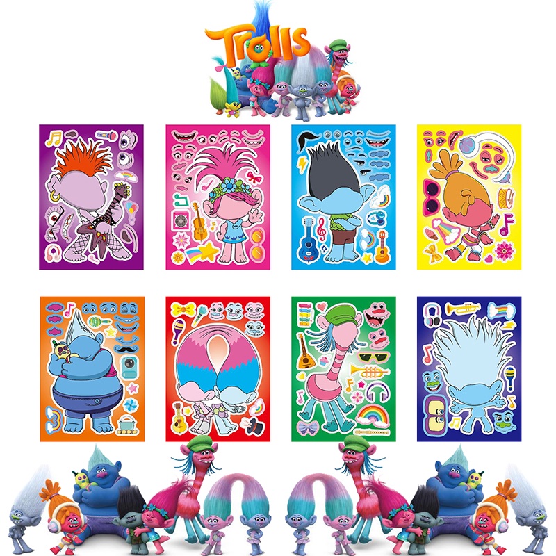 8 Sheets/Bag Trolls Series Puzzle Stickers for Children DIY Face ...