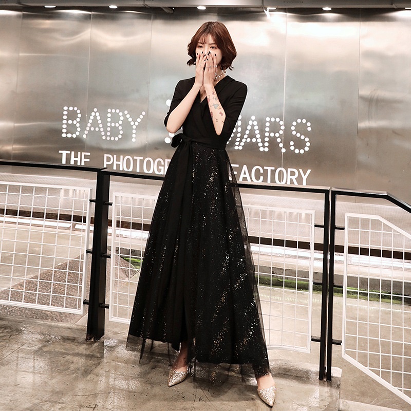 Elegant Black Starry Sky Banquet Evening Dress Simple Mid Sleeve Suit  Collar Slim Mesh Dresses Birthday Dinner Prom Gown | Shopee Philippines